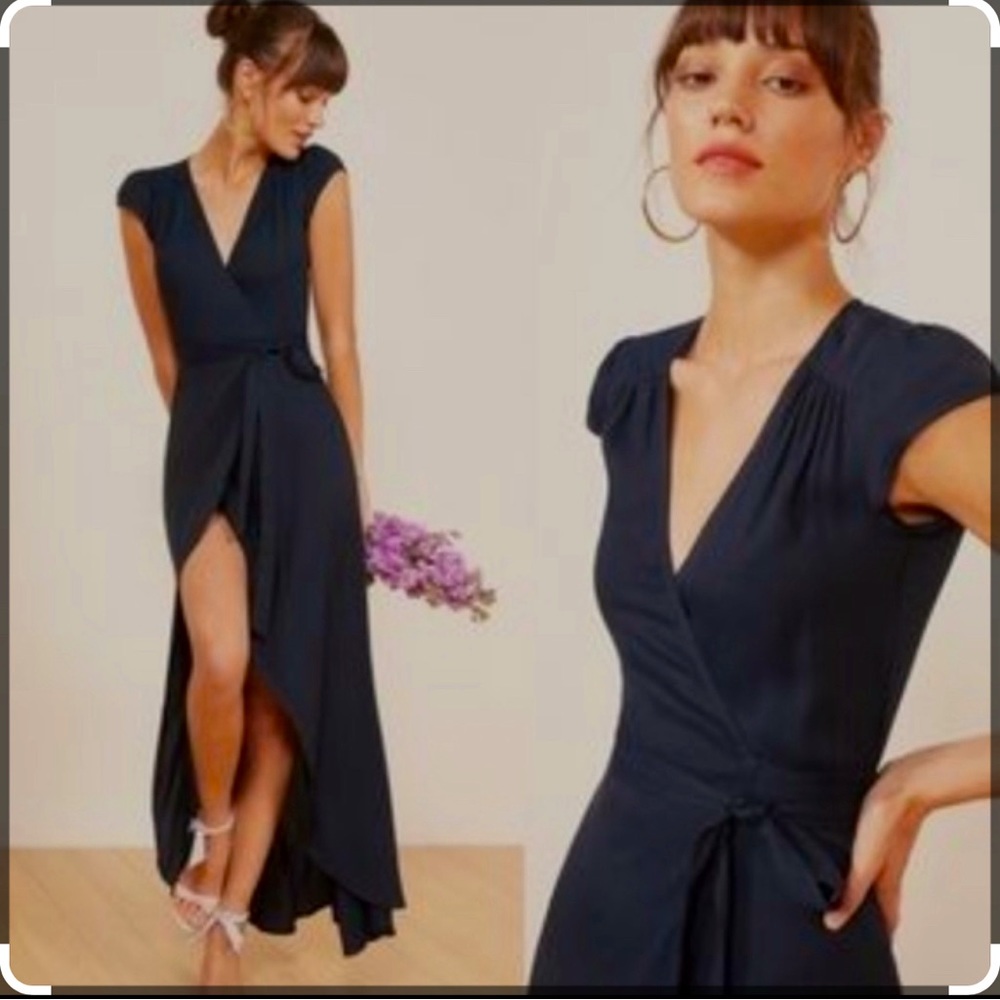 Reformation Navy Blue Chamomile Maxi High Low Dress